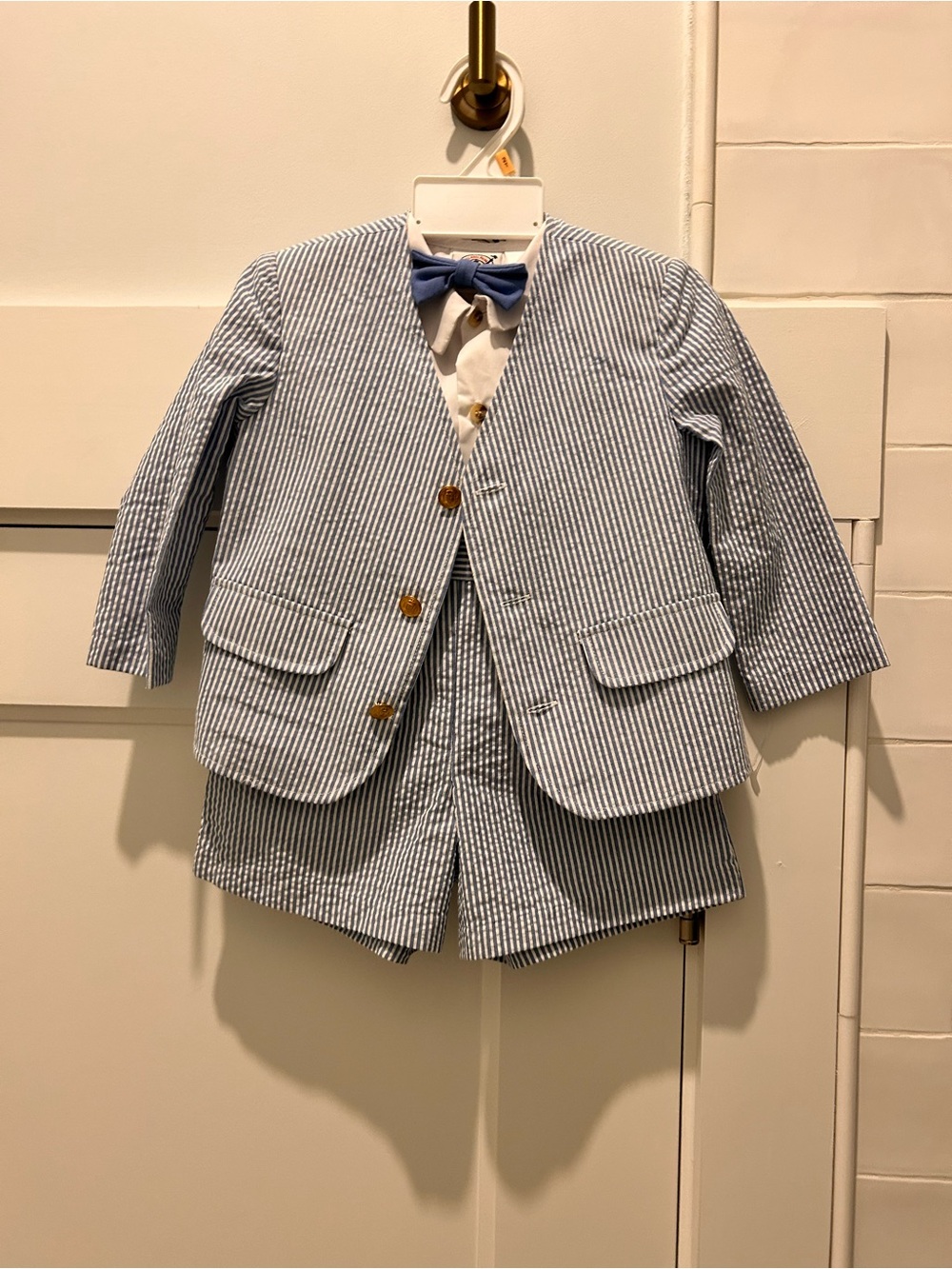 Blue & White Seersucker Good Lad Boys' Blazer and Shorts Set with Bow Tie